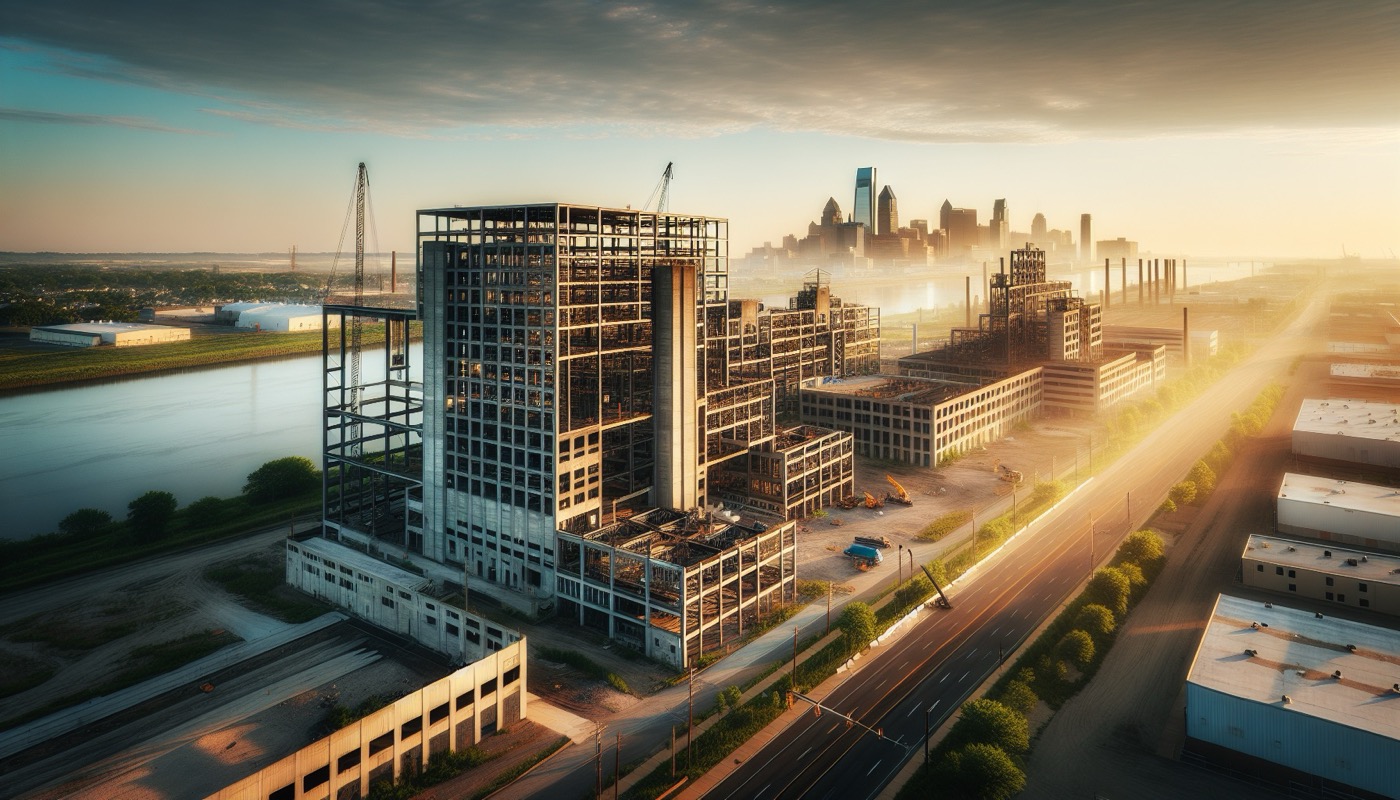 A New Castle County Delaware industrial redevelopment site along the Christina River with a former chemical plant being converted to commercial use.