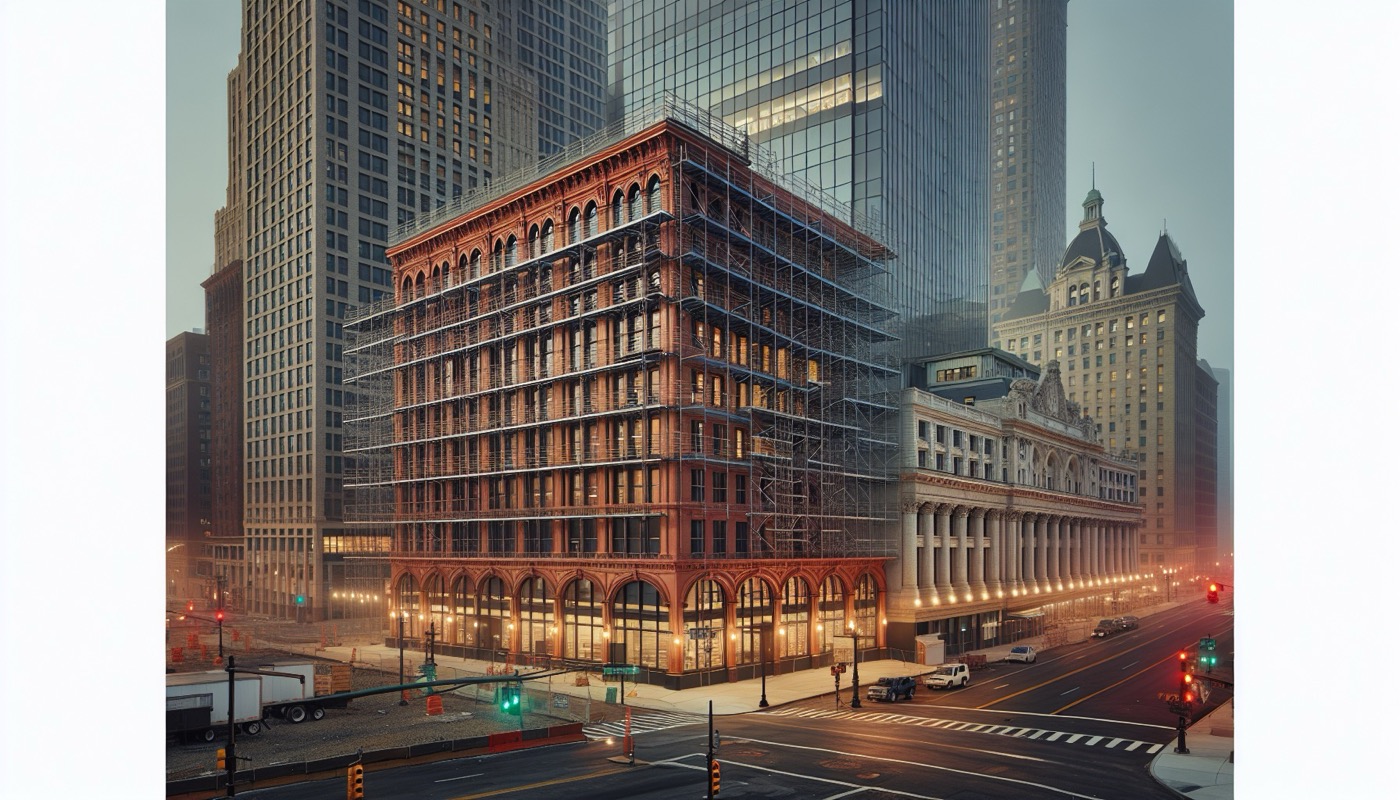 A Newark NJ commercial mixed-use building under construction downtown with brick facade, scaffolding, and Newark Penn Station visible in the background.