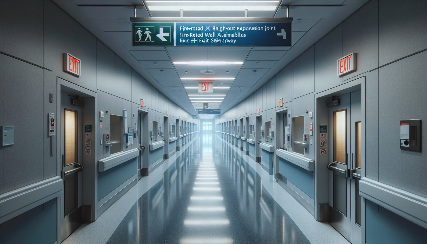 A hospital corridor with proper door hardware, smoke barriers, and fire-rated construction details, showing healthcare life-safety features.