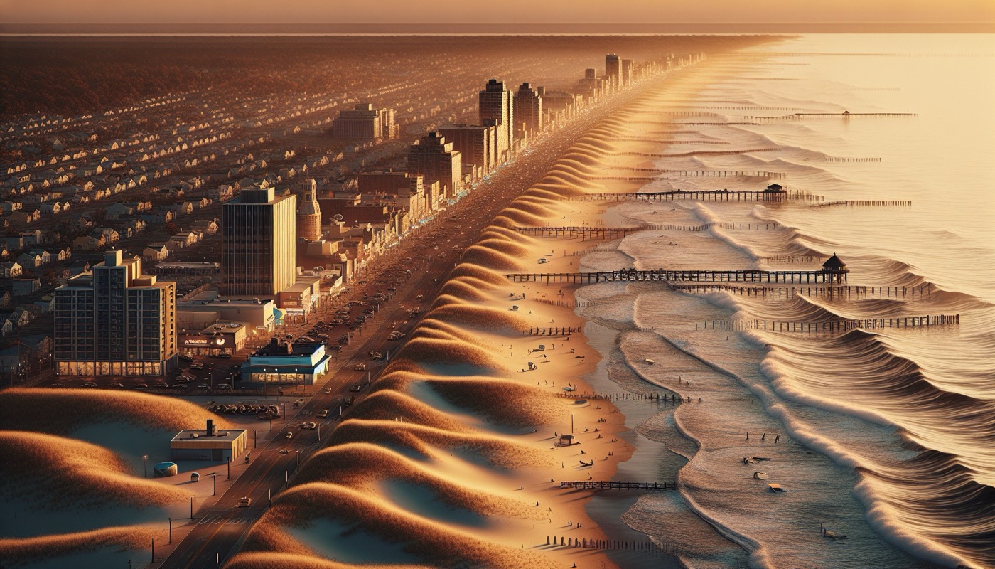 New Jersey coastal shoreline with dunes boardwalk commercial buildings and tidal waterways at golden hour, photorealistic, warm cinematic lighting, coastal regulation aesthetic