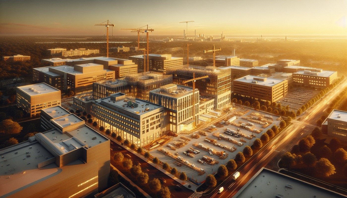 New Jersey hospital building with modern medical campus construction at golden hour, photorealistic, warm cinematic lighting, healthcare facility aesthetic
