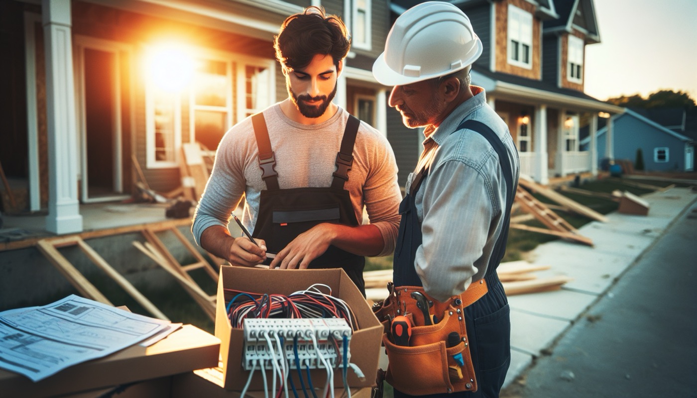 New Jersey residential construction site with electrician and licensed trade contractor working at golden hour, symbolizing layered contractor licensing requirements