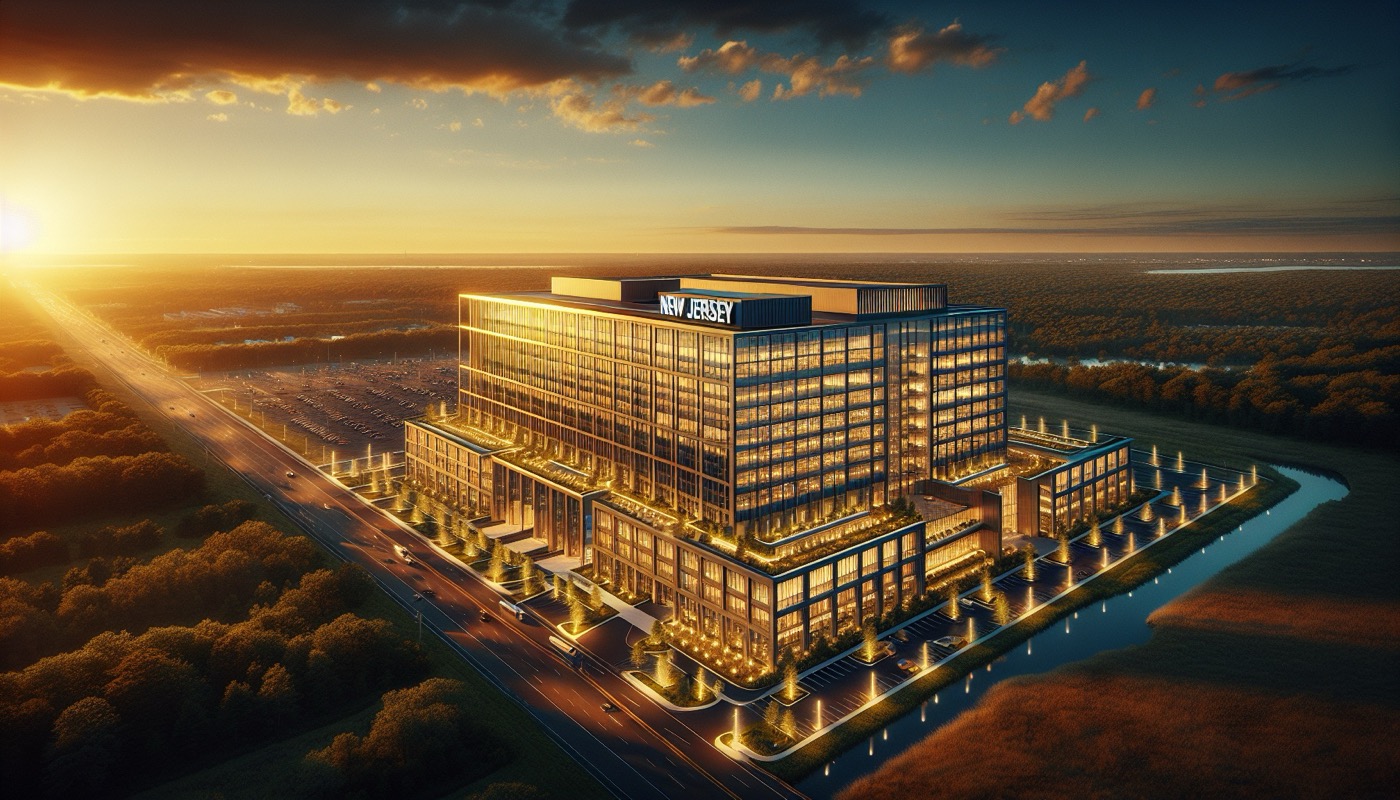 New Jersey commercial building with energy-efficient envelope and mechanical systems visible at golden hour, photorealistic, warm cinematic lighting, ASHRAE compliance aesthetic