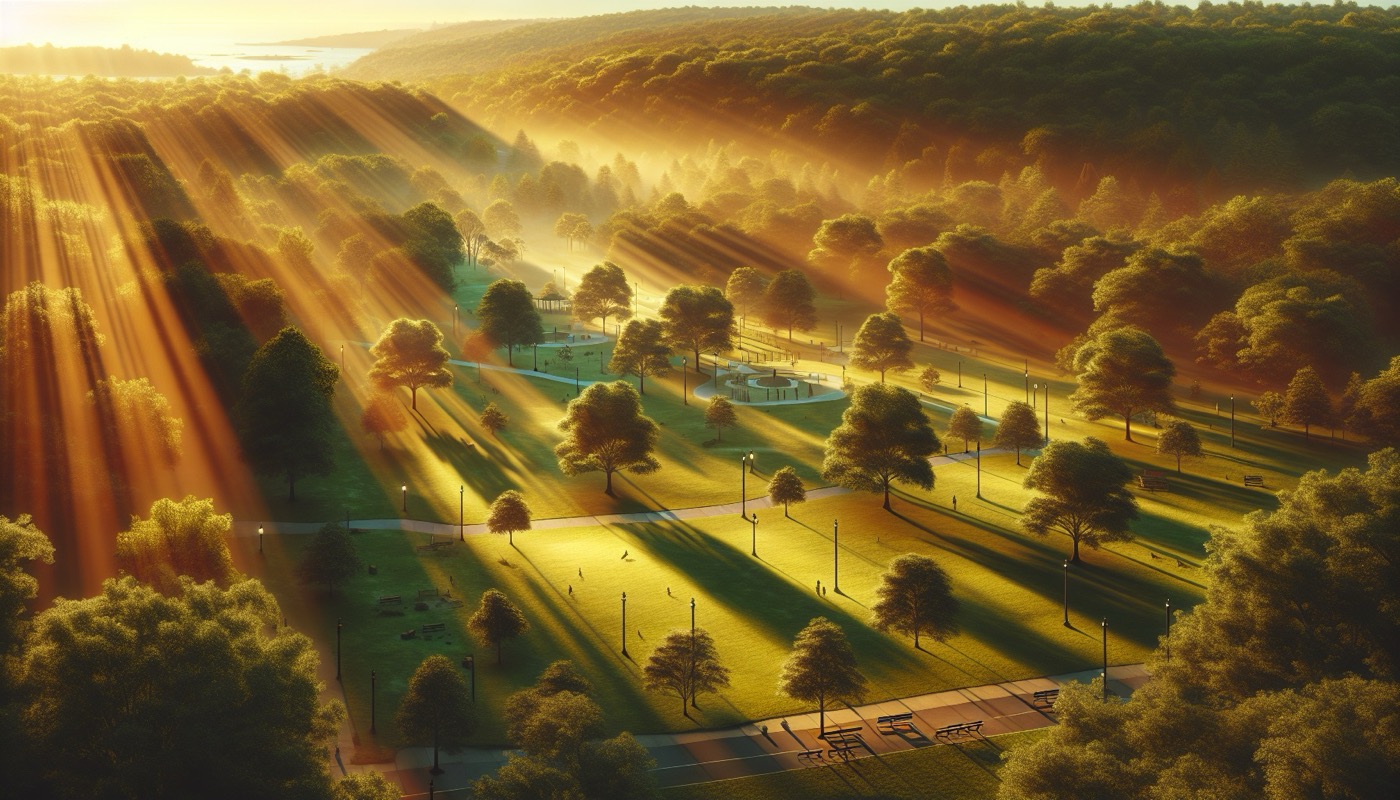 New Jersey municipal park with open space and natural landscape at golden hour, photorealistic, warm cinematic lighting, Green Acres open space aesthetic