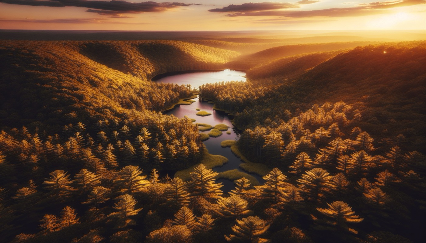 New Jersey Highlands forested reservoir landscape and Pinelands pine barrens meeting at golden hour, photorealistic, warm cinematic lighting, protected region landscape aesthetic