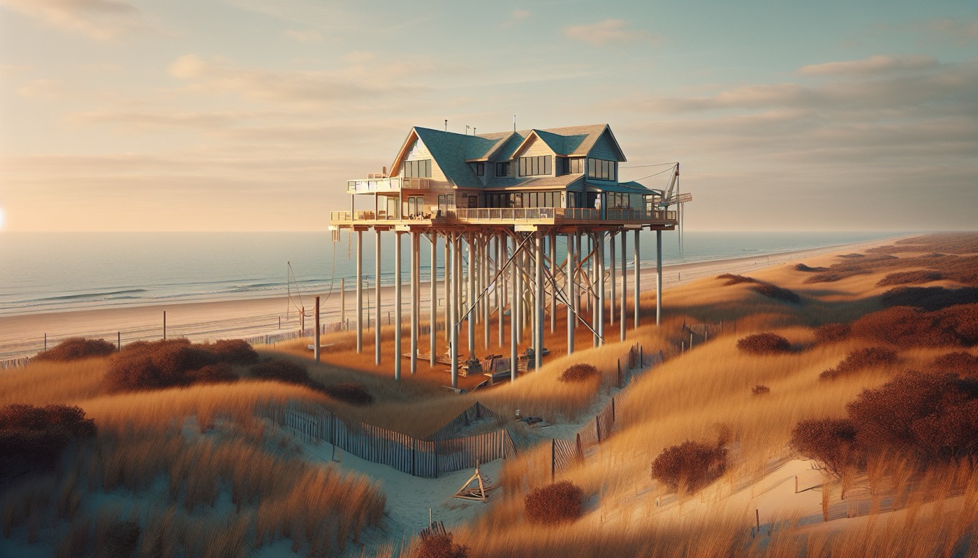 A raised coastal New Jersey home on structural piers after elevation work with the Atlantic Ocean in the distance at golden hour