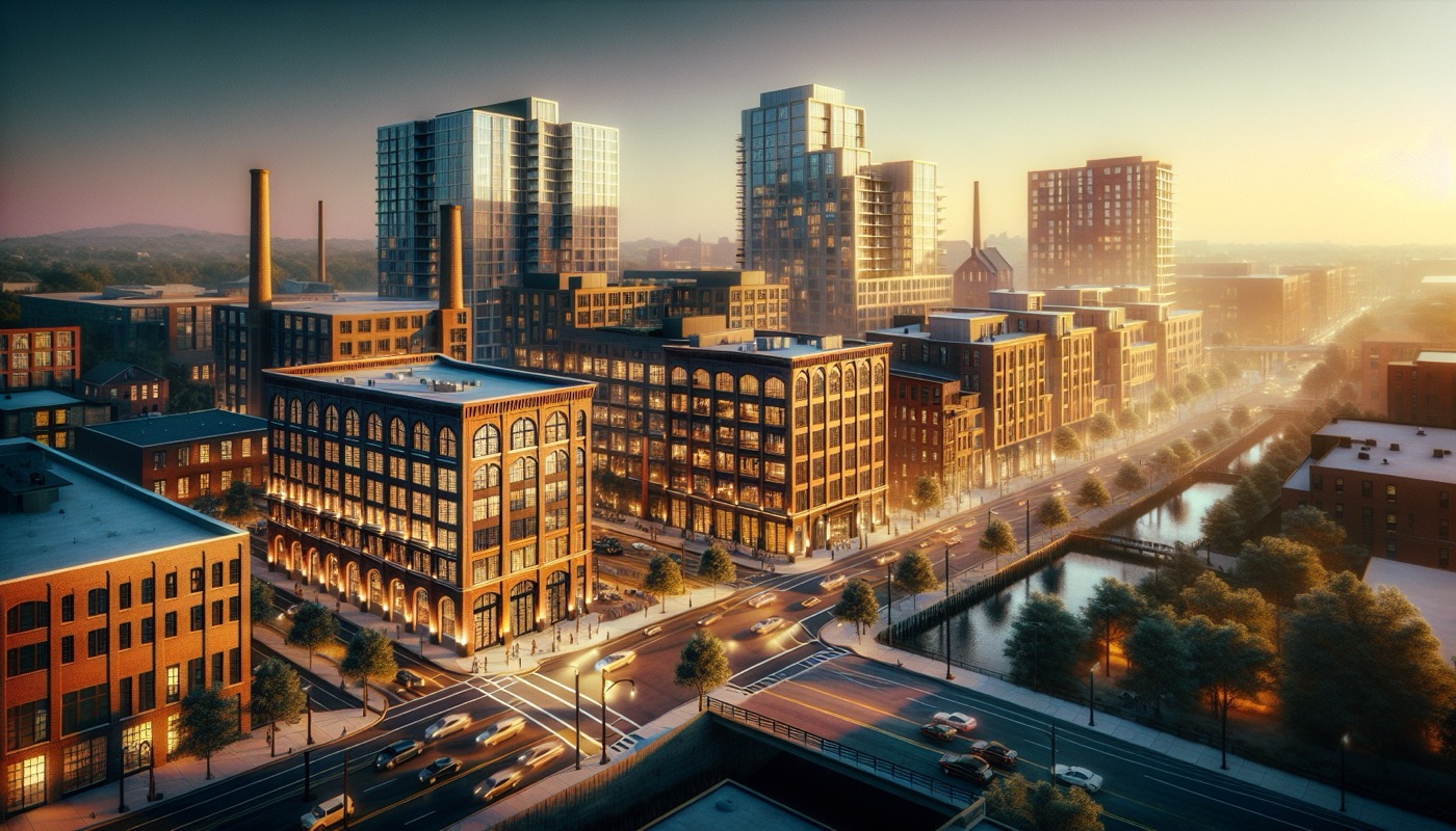 New Jersey mixed-use redevelopment project with former industrial buildings being converted at golden hour, photorealistic, warm cinematic lighting, urban redevelopment aesthetic