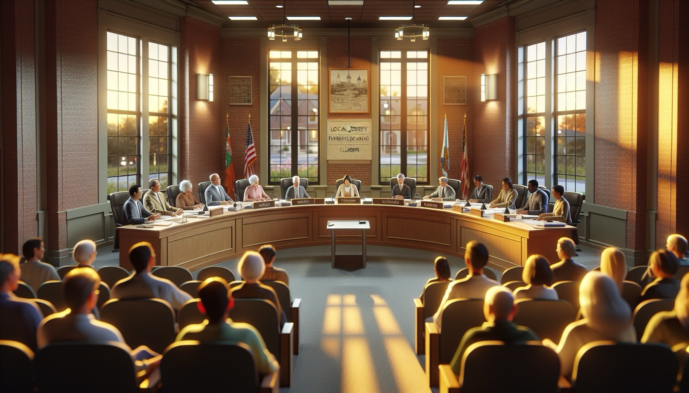 New Jersey suburban municipal building with planning board meeting at golden hour, photorealistic, warm cinematic lighting, local land-use governance aesthetic