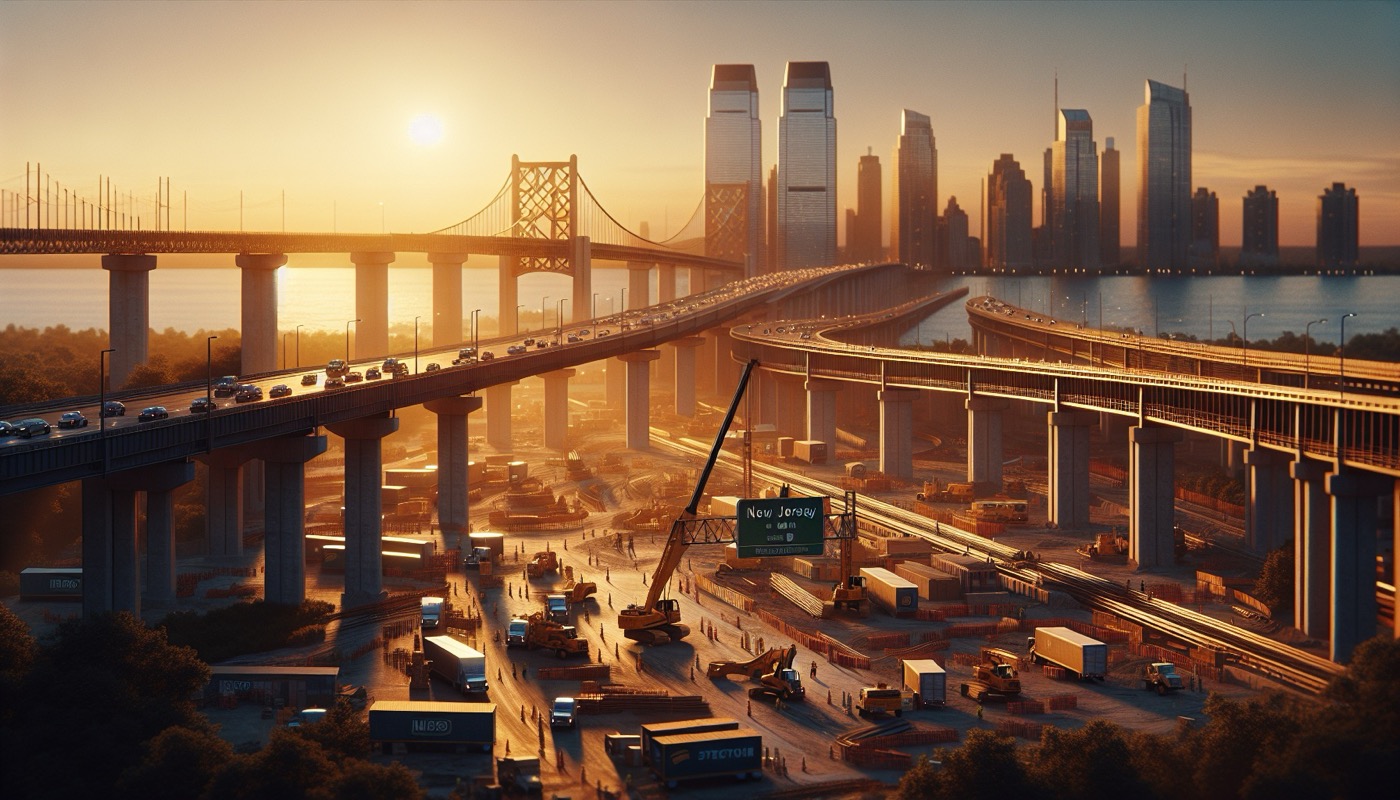 New Jersey public works construction site with federal and state project signage at golden hour, photorealistic, warm cinematic lighting, infrastructure construction aesthetic