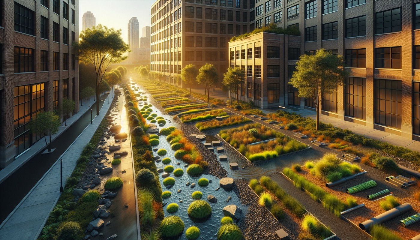 New Jersey commercial site with bioretention rain garden and green infrastructure stormwater BMPs at golden hour, photorealistic, warm cinematic lighting, green infrastructure aesthetic