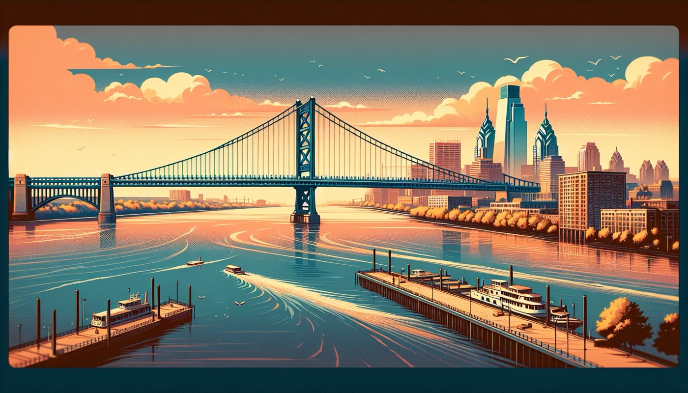 Delaware River with Philadelphia on one side and Camden on the other at golden hour, symbolizing cross-river public works work