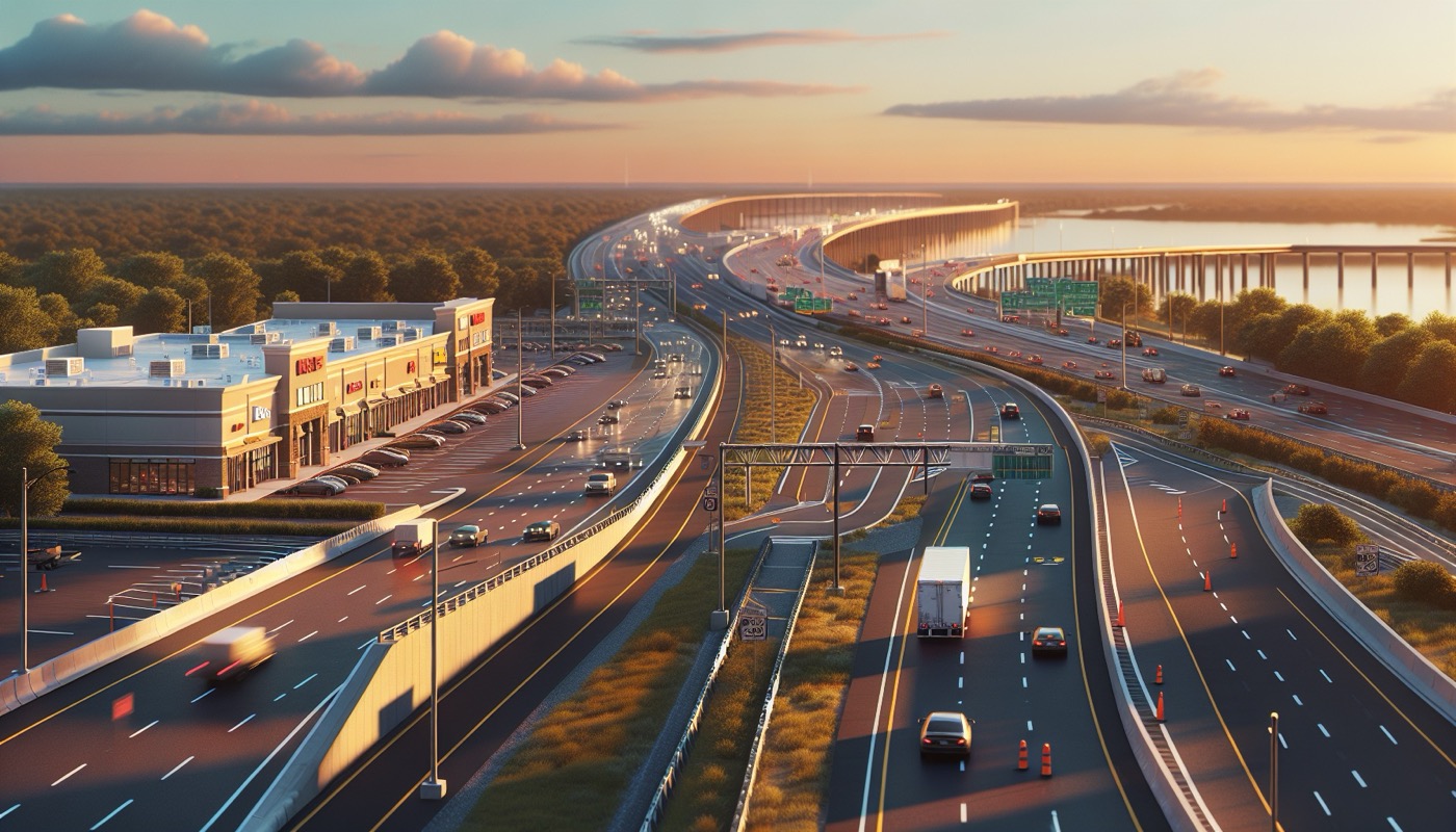 New Jersey state highway commercial retail development with driveway access and traffic at golden hour, photorealistic, warm cinematic lighting, NJDOT access management aesthetic