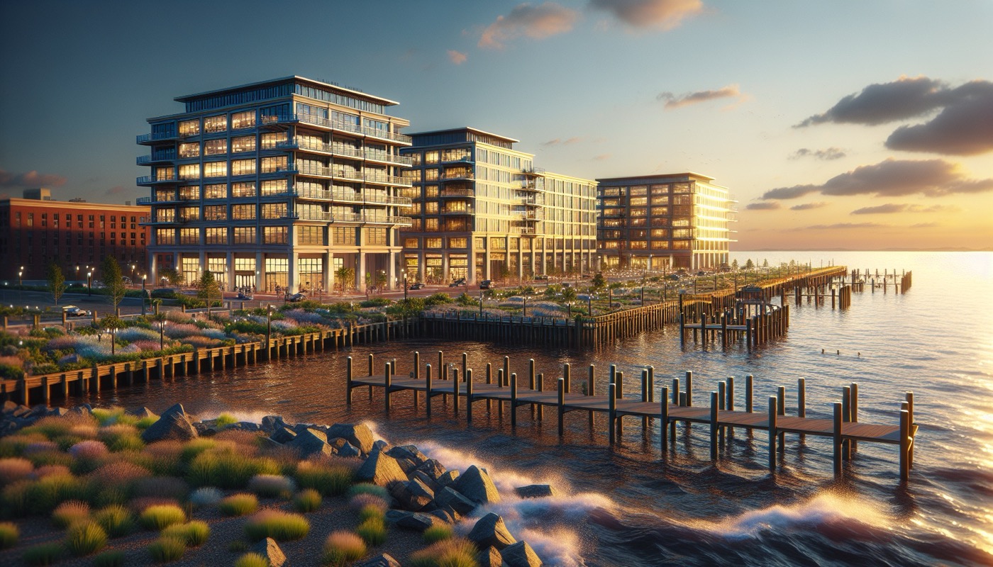 Norfolk Virginia waterfront with mixed historic and modern commercial buildings and flood-resilient construction at golden hour, photorealistic, warm cinematic lighting, coastal resilience commercial aesthetic