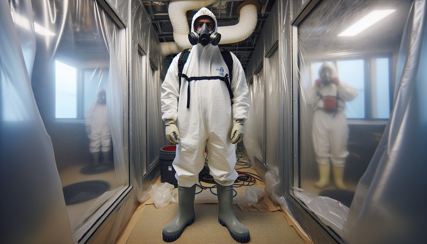 An asbestos abatement worker in Tyvek coveralls, respirator, and rubber boots inside a negative-pressure enclosure with plastic sheeting walls and a decontamination shower area visible.