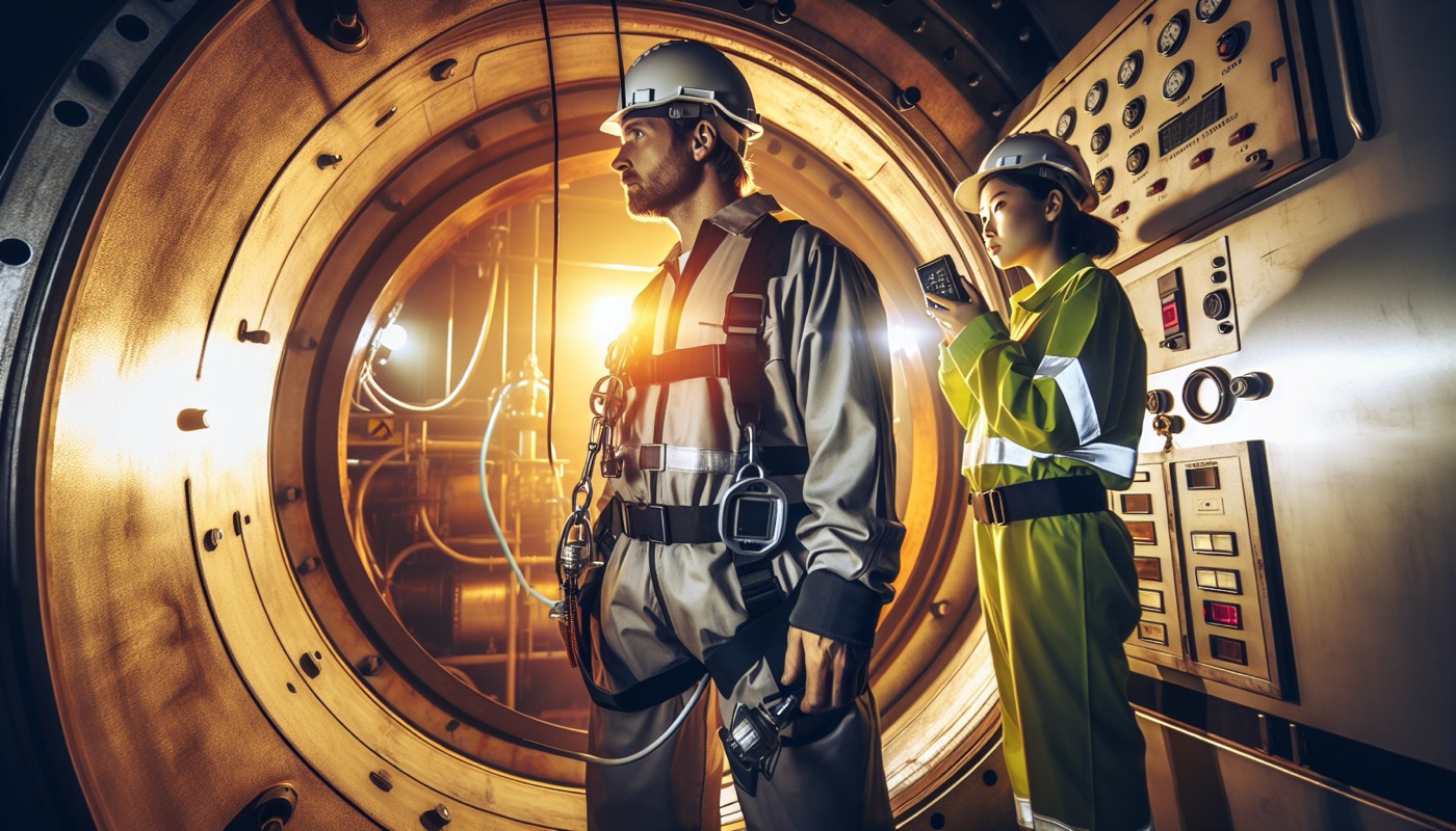Construction worker entering a confined space with safety harness and attendant monitoring at golden hour, photorealistic, warm cinematic lighting, OSHA confined space entry aesthetic