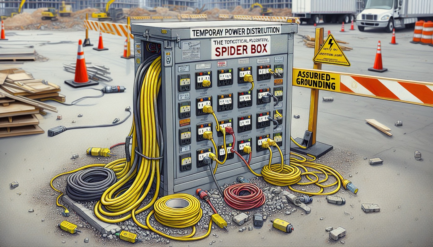 A temporary power distribution panel on a construction site with GFCI outlets and assured grounding tagging visible.