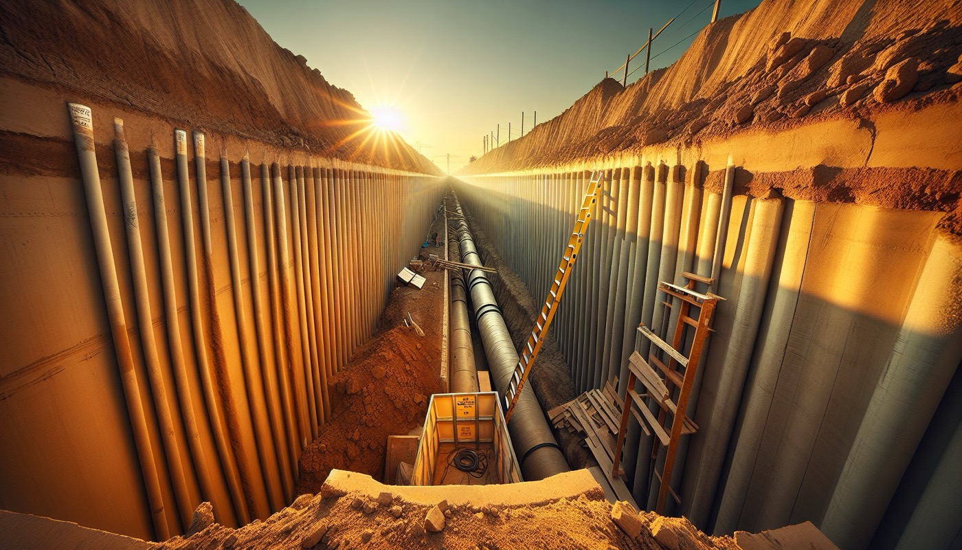 An open construction trench with sloped walls and a trench shield, illustrating OSHA Subpart P protective systems.