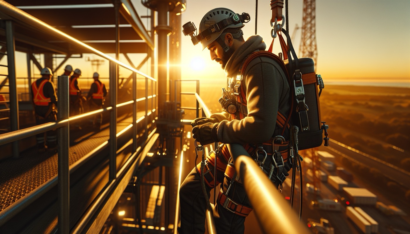 Construction site with worker wearing personal fall arrest system harness and using guardrail system at golden hour, photorealistic, warm cinematic lighting, OSHA fall protection aesthetic