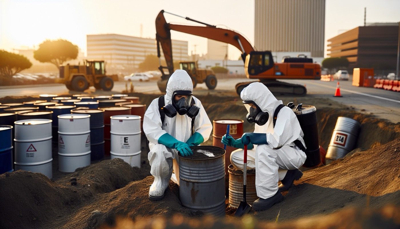 Remediation workers in Level B PPE with SCBA sampling soil at a contaminated site with an excavator in the background.