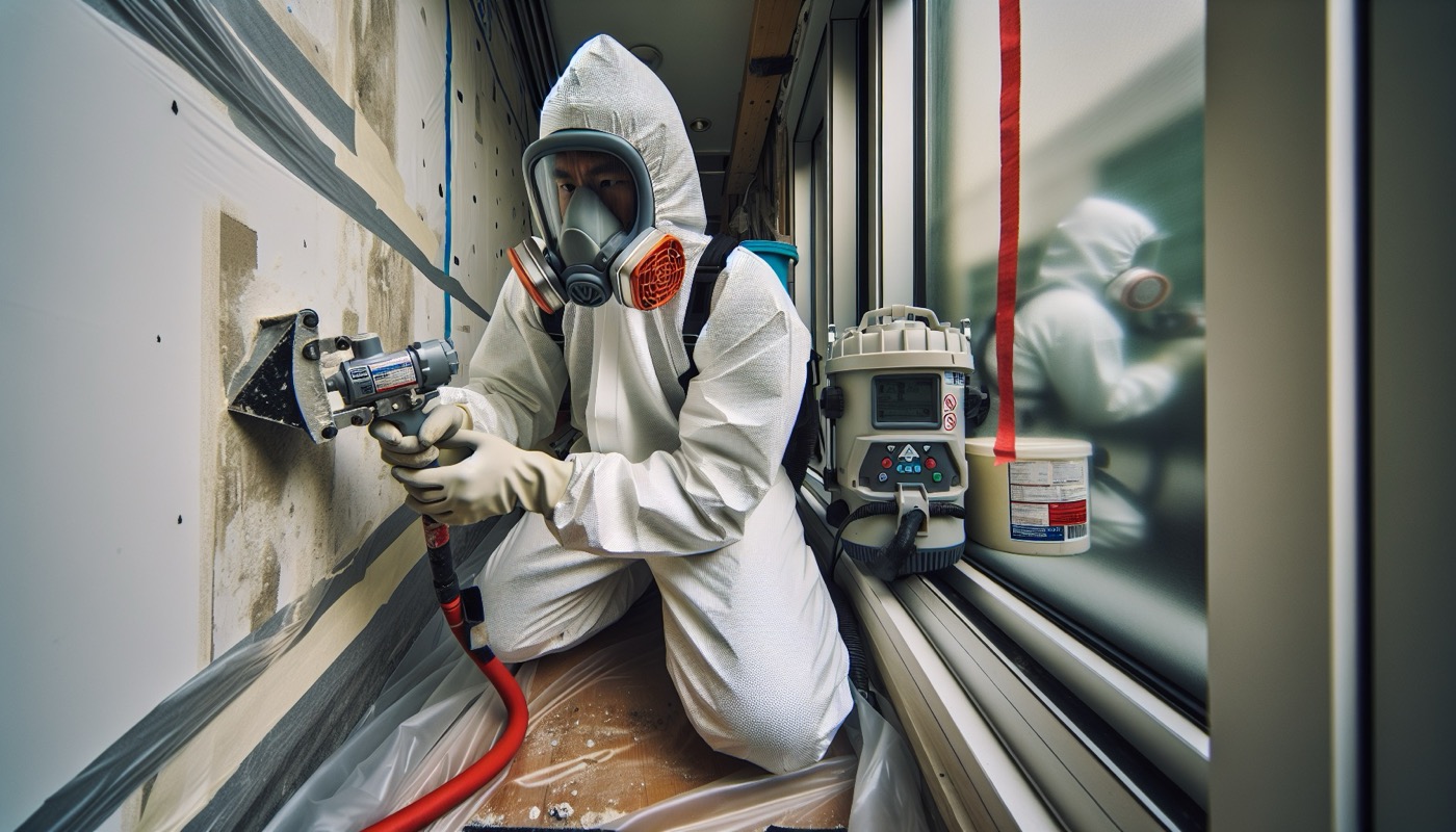 A construction worker in Tyvek coveralls and a respirator conducting lead-paint removal on an exterior wall with plastic containment visible.
