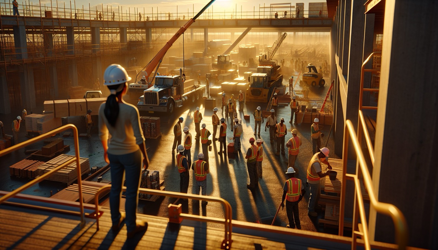 Construction site with multiple trade subcontractors and general contractor safety coordination at golden hour, photorealistic, warm cinematic lighting, multi-employer safety aesthetic