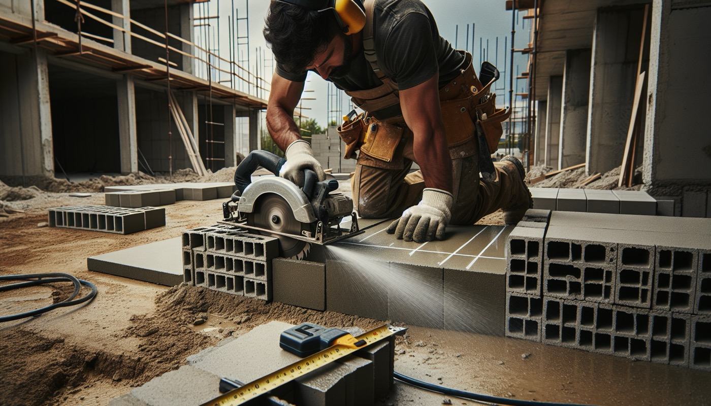 A worker cutting concrete block with a saw equipped with an integrated water-delivery dust-suppression system on a construction site.