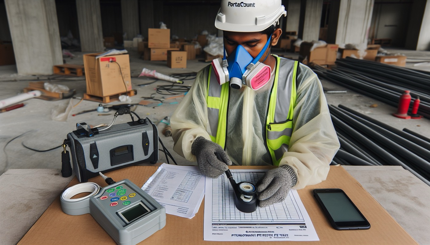 A construction worker performing a fit test on a half-mask elastomeric respirator with a portable fit test machine in the foreground.