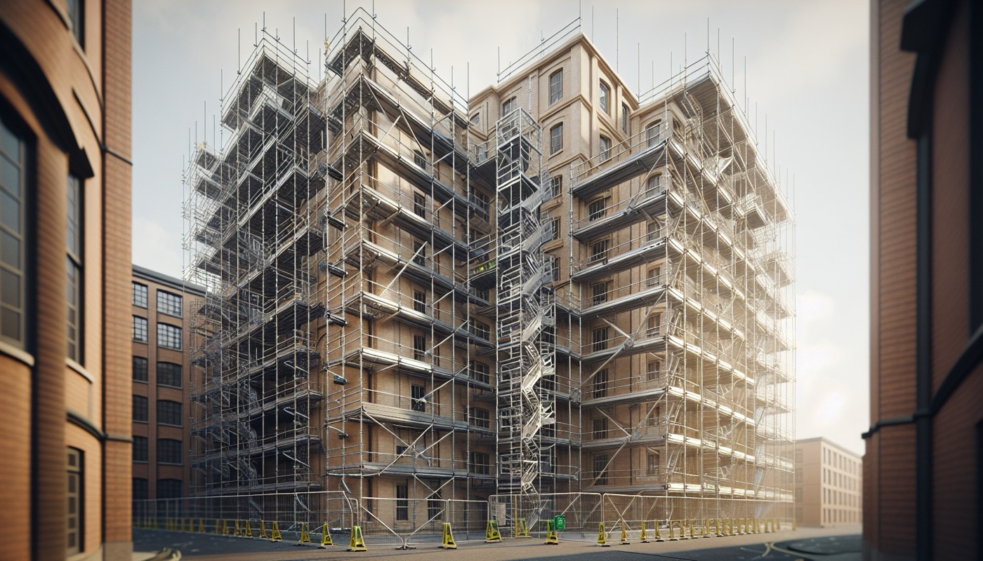 A multi-level frame scaffold erected against a mid-rise masonry building, with guardrails, toe boards, and an access ladder visible.