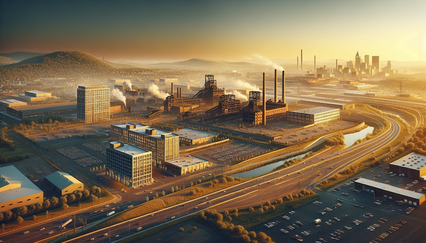 Pennsylvania brownfield industrial site with redevelopment construction and environmental monitoring at golden hour, photorealistic, warm cinematic lighting, brownfield revitalization aesthetic