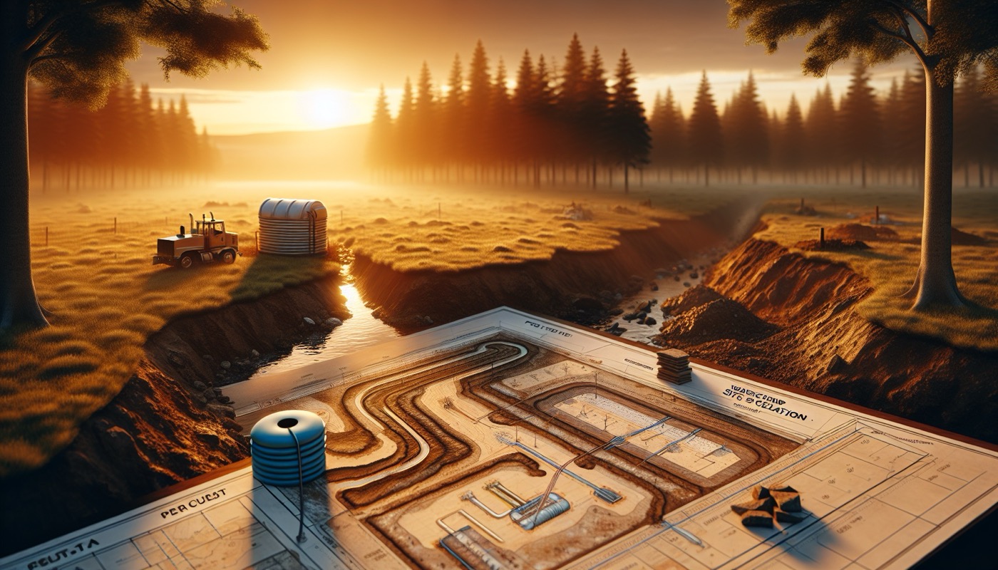 Pennsylvania rural land development site with perc test and septic infrastructure in the foreground at golden hour, photorealistic, warm cinematic lighting, wastewater planning aesthetic