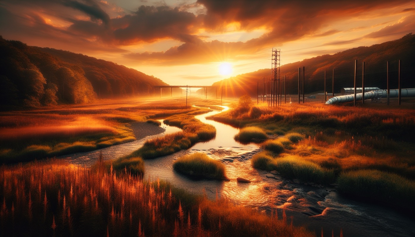 Pennsylvania stream and wetland with utility line crossing and bridge construction at golden hour, photorealistic, warm cinematic lighting, waterway permitting aesthetic