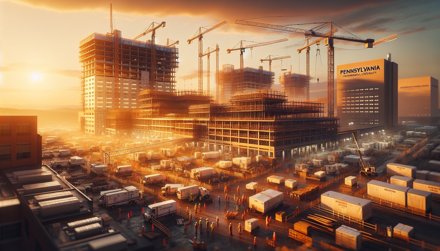 Pennsylvania hospital construction with medical facility and healthcare architecture at golden hour, photorealistic, warm cinematic lighting, open-market healthcare development aesthetic