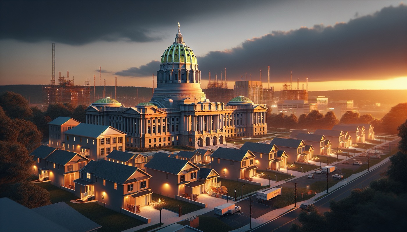Pennsylvania state capitol and a residential construction site at golden hour with contractor registration paperwork in the foreground, symbolizing consumer-protection oriented registration