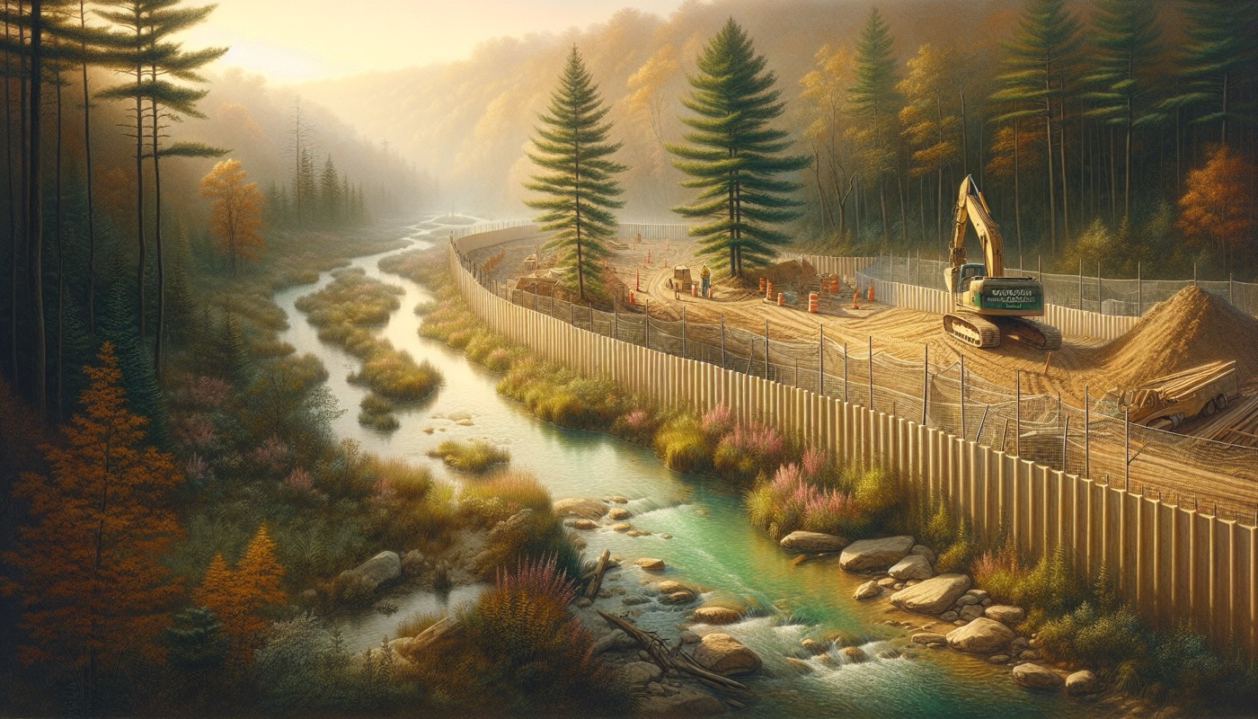 A Pennsylvania construction site at golden hour near a sensitive stream buffer, with best management practices visible in the foreground and a PA DEP field staff car in the distance