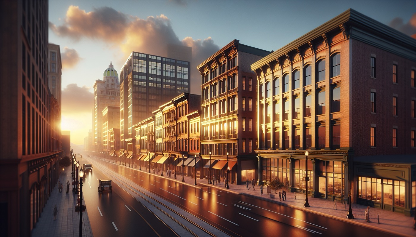 Pennsylvania urban commercial redevelopment project with historic building renovation and tax abatement signage at golden hour, photorealistic, warm cinematic lighting, economic development aesthetic