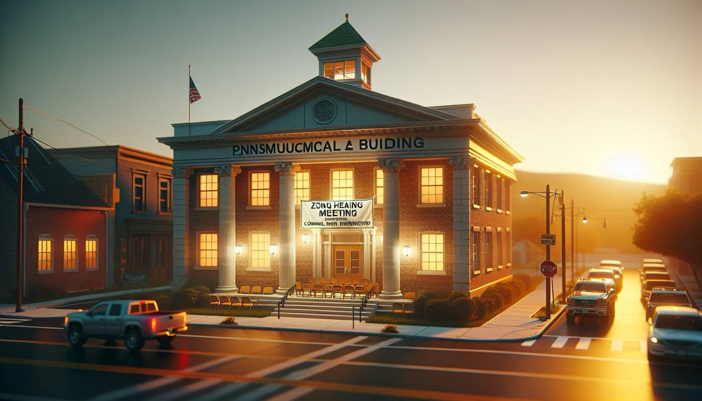 Pennsylvania small-town township meeting hall with zoning hearing board setting at golden hour, photorealistic, warm cinematic lighting, local planning governance aesthetic