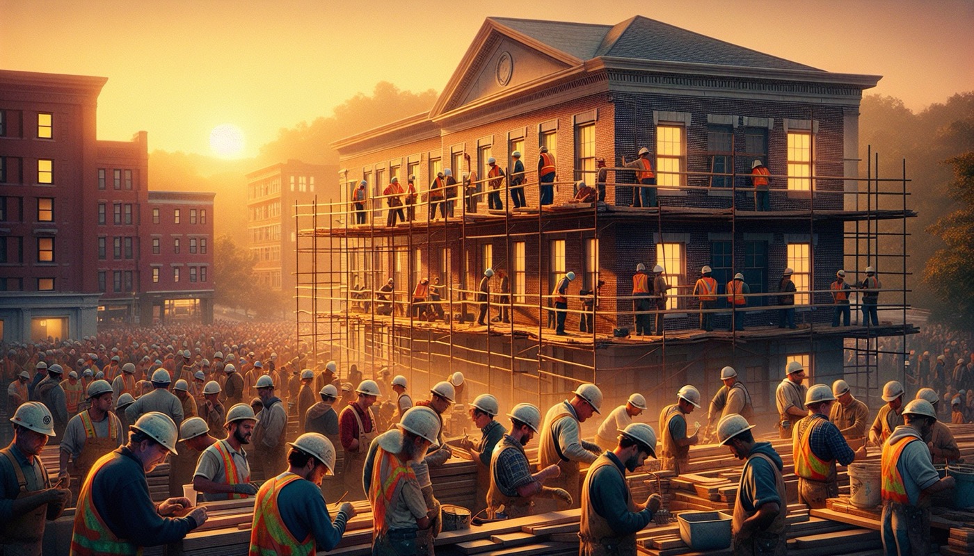 Pennsylvania public works construction site with union workers at golden hour, photorealistic, warm cinematic lighting, prevailing wage construction aesthetic