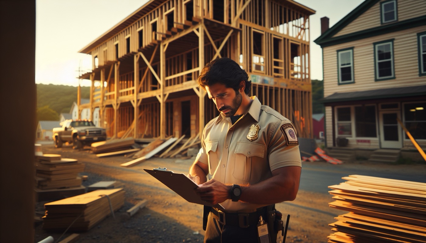 Pennsylvania rural township commercial construction site with building inspector reviewing work at golden hour, photorealistic, warm cinematic lighting, construction code enforcement aesthetic