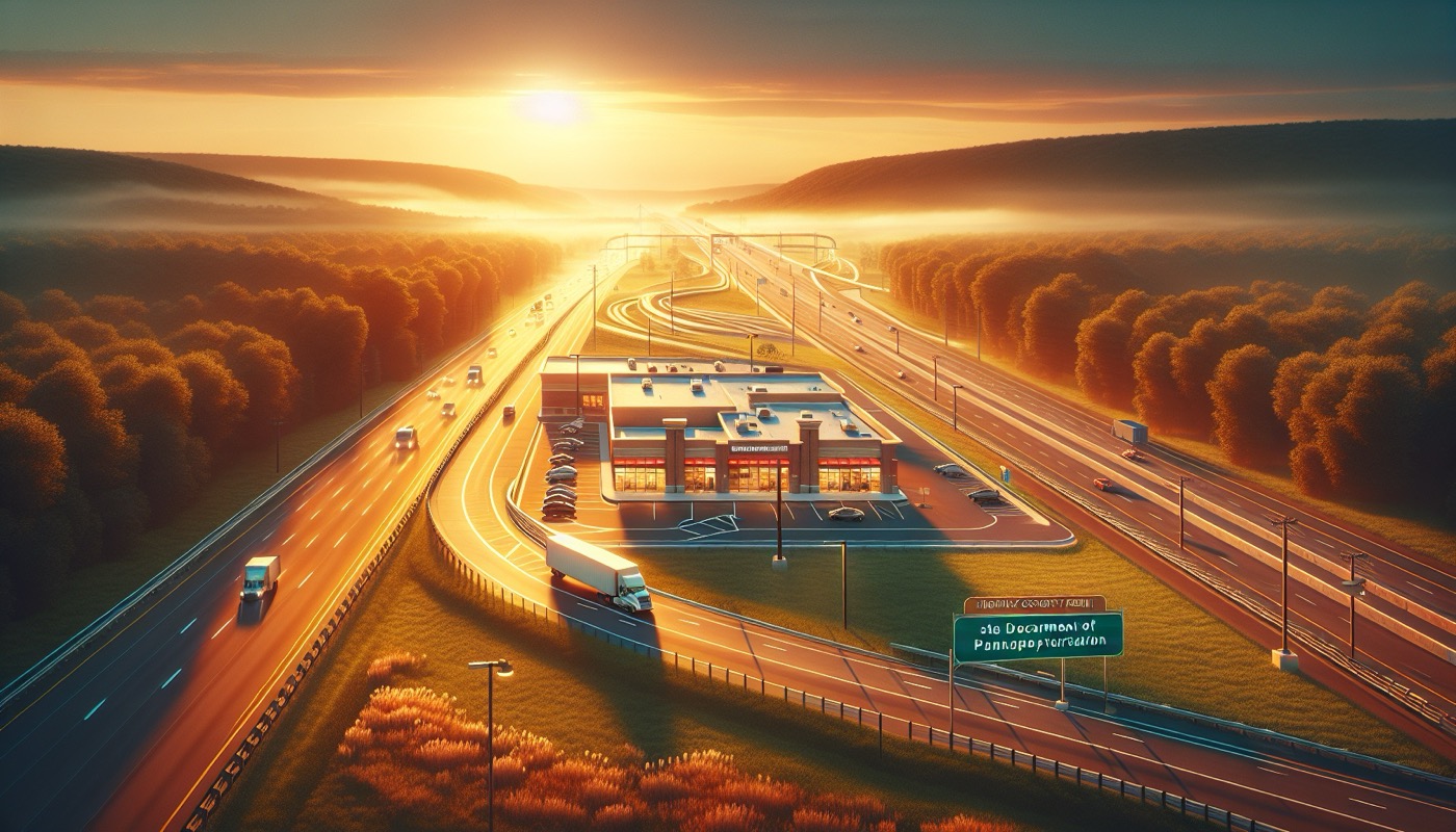 Pennsylvania state highway commercial driveway with new retail development at golden hour, photorealistic, warm cinematic lighting, PennDOT access management aesthetic