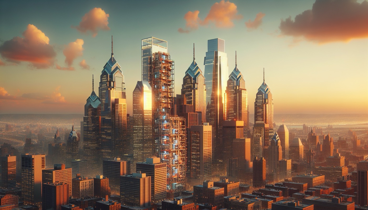 Philadelphia commercial high-rise with energy systems visible at golden hour, photorealistic, warm cinematic lighting, urban building operations aesthetic