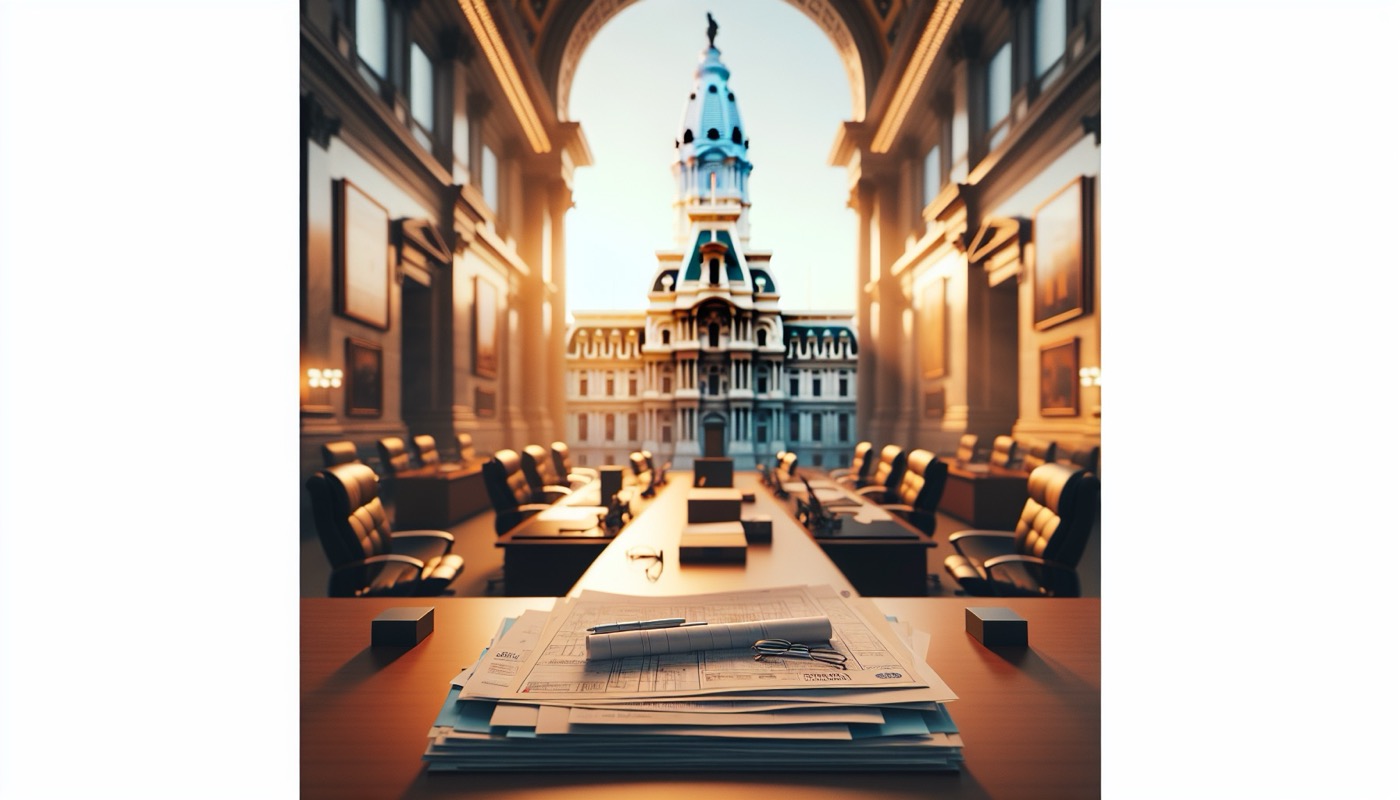 A contractor holding a stack of approval documents and a permit application outside Philadelphia City Hall at golden hour