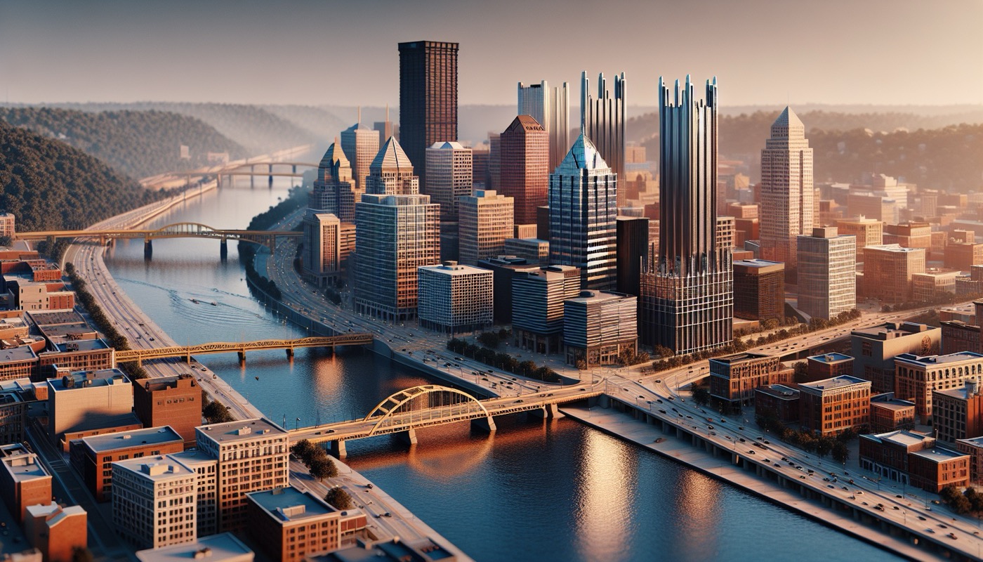 Pittsburgh Pennsylvania skyline at golden hour with downtown commercial construction visible, photorealistic, warm cinematic lighting, urban construction aesthetic