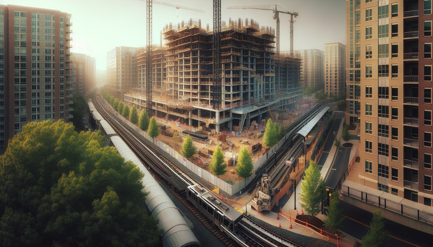 A Prince George's County MD commercial mixed-use building under construction near a Purple Line transit station, with scaffolding and tower crane visible.