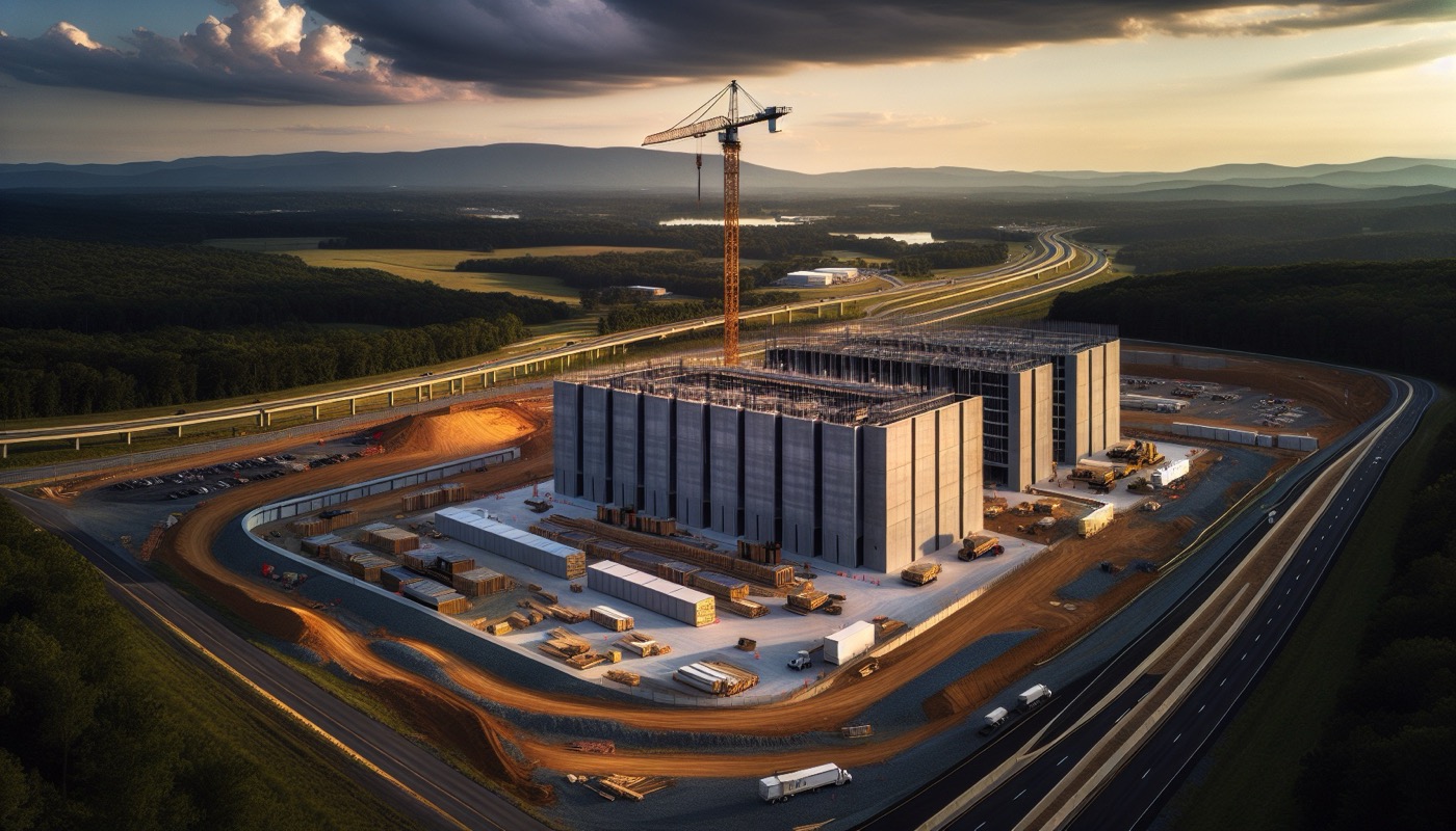 A Prince William County Virginia commercial mixed-use building under construction with scaffolding and a tower crane, rolling Piedmont hills visible in the background.