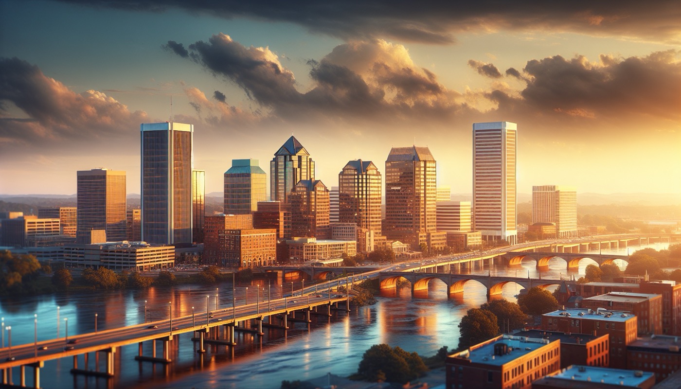 Richmond Virginia skyline with James River and downtown commercial construction visible at golden hour, photorealistic, warm cinematic lighting, urban construction aesthetic