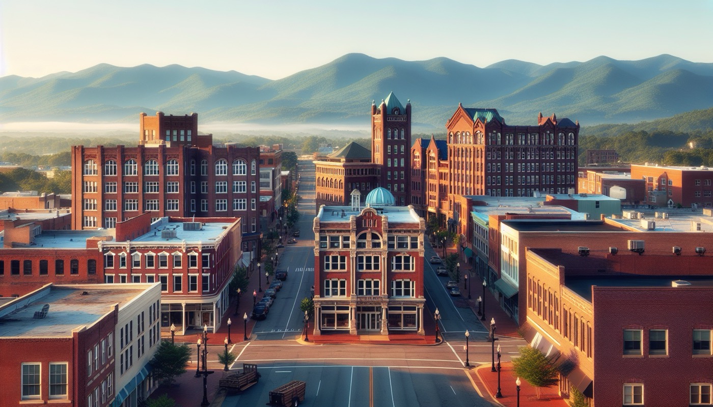 Downtown Roanoke Virginia with historic buildings and the Blue Ridge Mountains visible in the background.