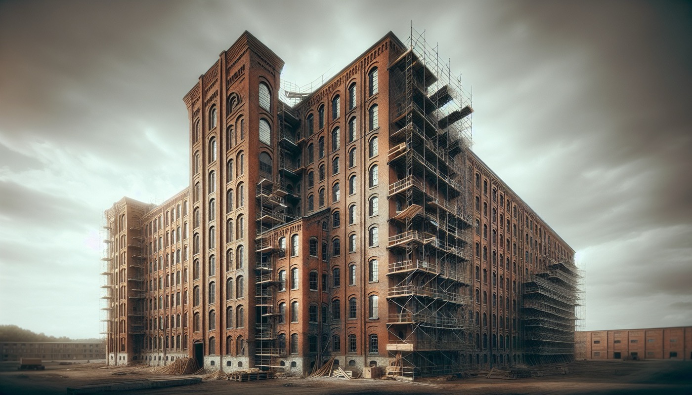 A 19th-century brick industrial building in the Mid-Atlantic undergoing adaptive reuse with scaffolding and a large SHPO-required documentation photograph in the foreground.