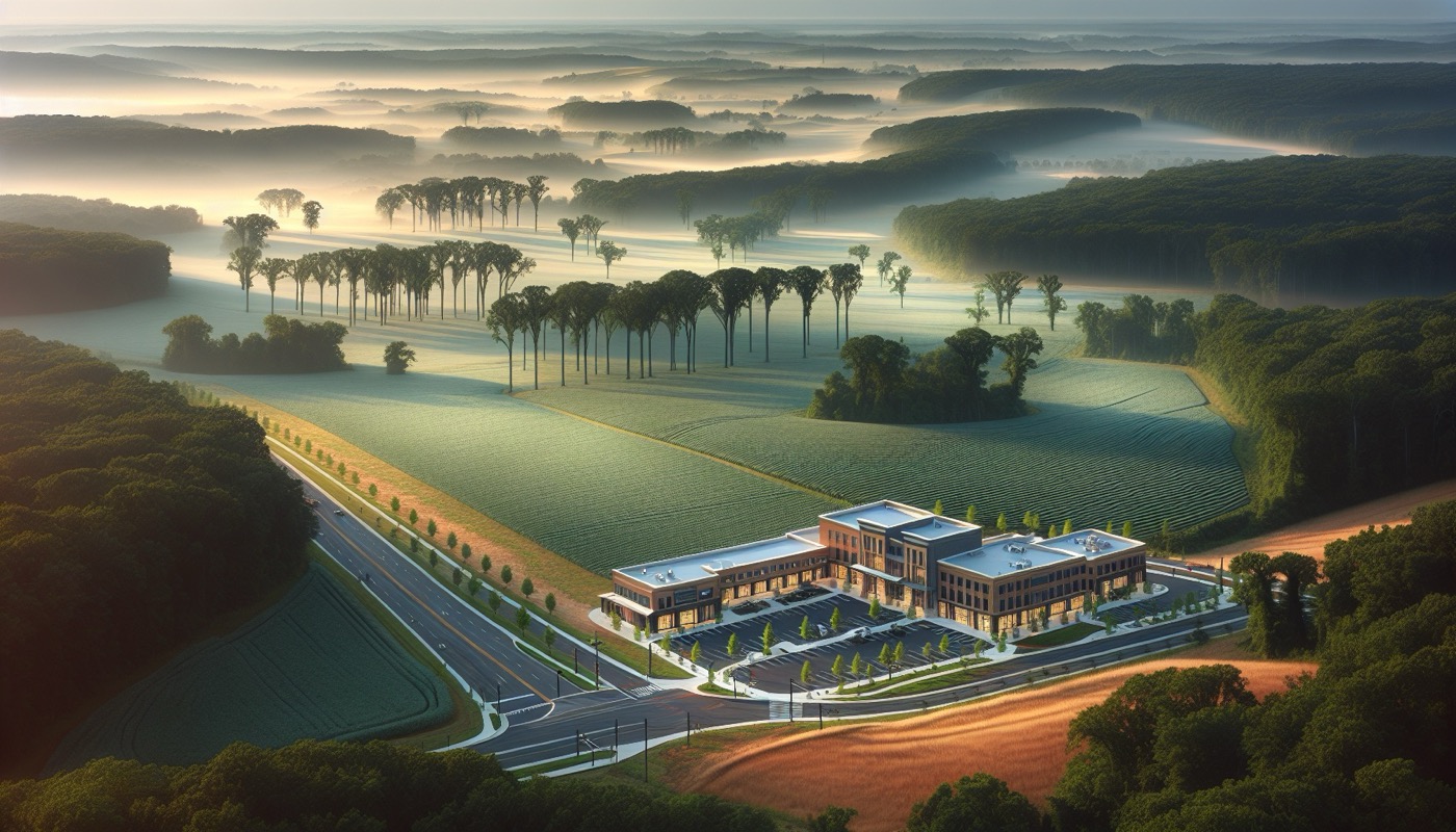 A Spotsylvania County Virginia commercial development along the Route 3 corridor with rolling Piedmont terrain and mature hardwood trees in the background.