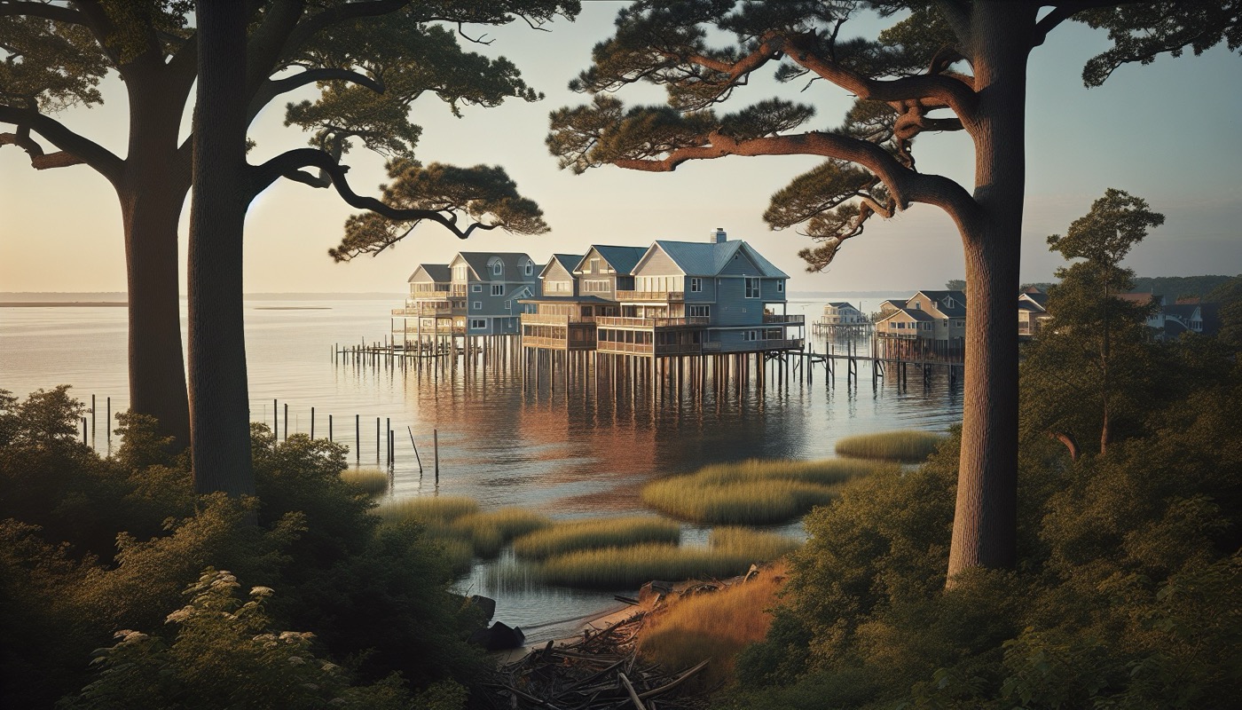 A Southern Maryland coastal community with single-family homes near Chesapeake Bay waterfront and mature hardwood trees.