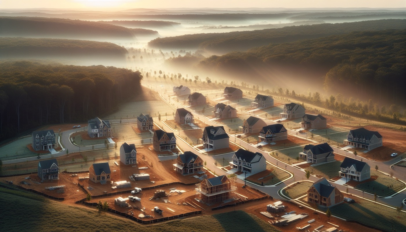 A Stafford County Virginia residential subdivision under construction along the I-95 corridor with rolling wooded terrain visible.